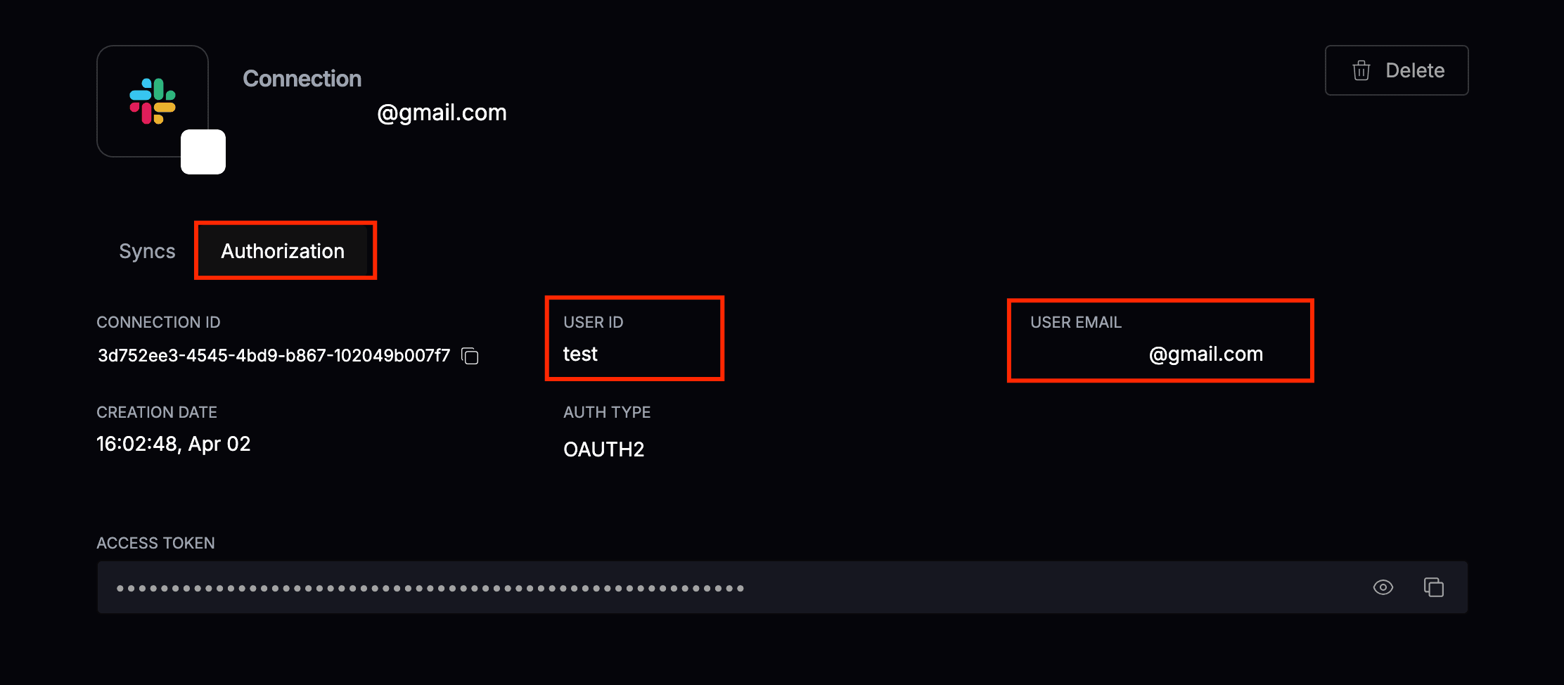 User id and user email on the Authorization tab of a Nango connection