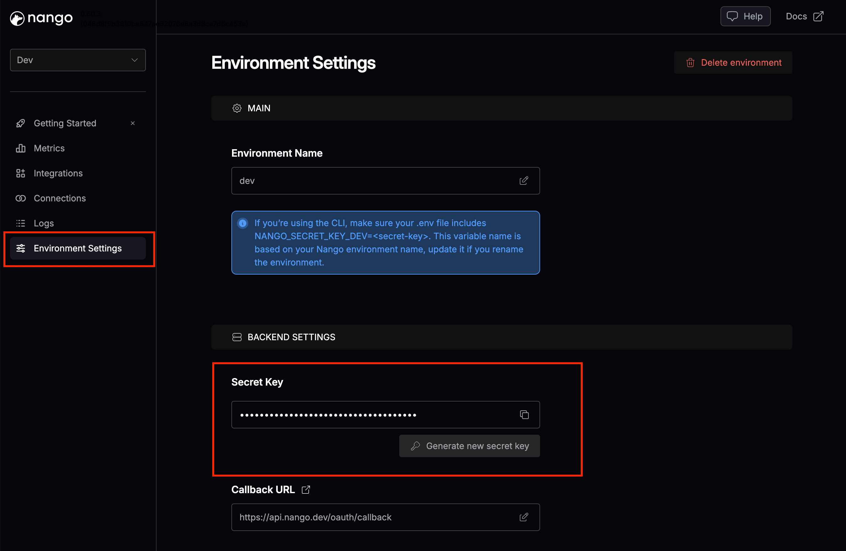 Nango secret key used to connect the Embedsy Portal