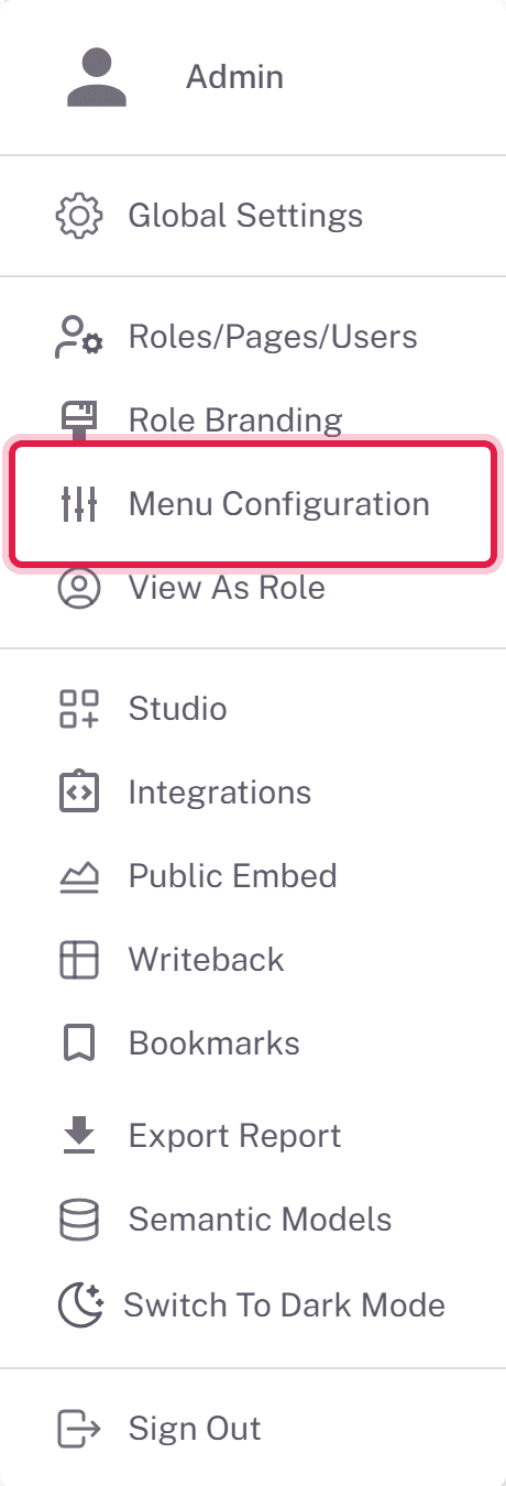 Menu Configuration entry in the Embedsy Portal user menu