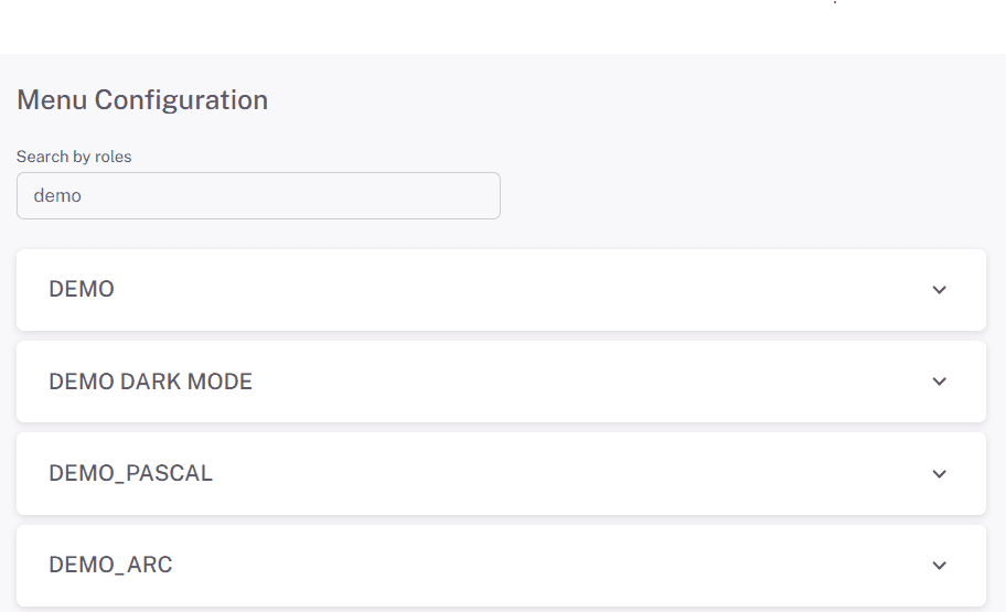 Menu Configuration page listing roles as accordions, with role search