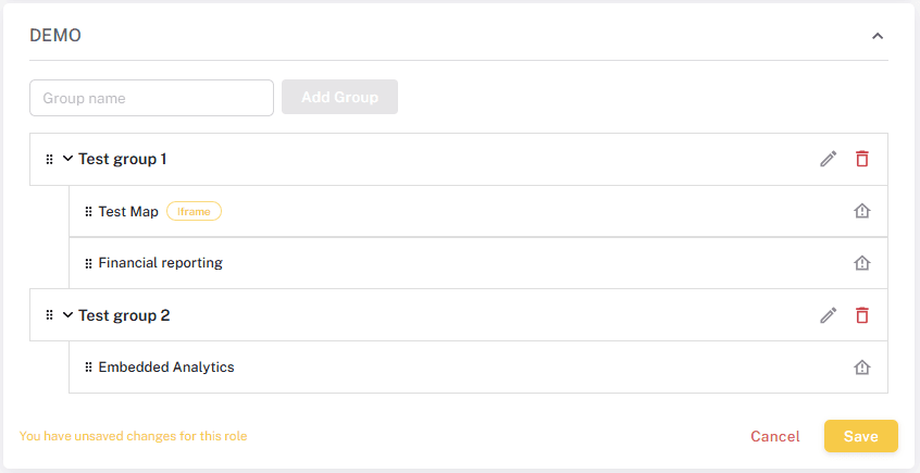 Saving the menu configuration for a role
