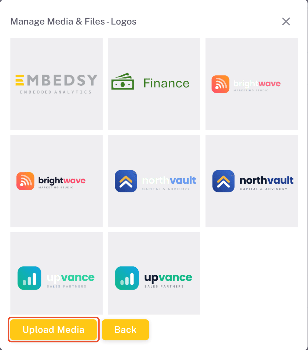 Logos folder in Manage Media & Files with the uploaded logos and the Upload Media button