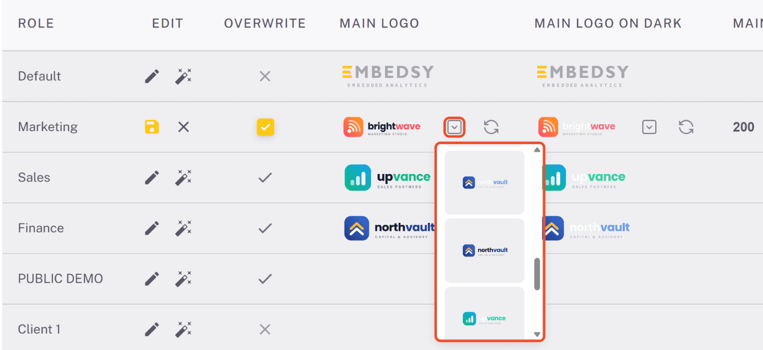 List of uploaded logos opened from the select icon in the Main Logo cell of a role in edit mode