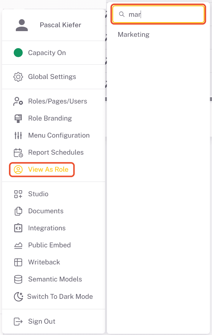 View As Role in the user menu, with the role search narrowed to Marketing