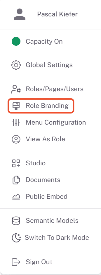 Role Branding entry in the Embedsy Portal user menu