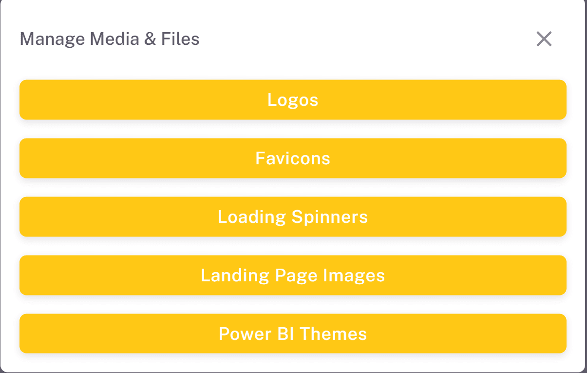 Manage Media & Files dialog with Logos, Favicons, Loading Spinners, Landing Page Images and Power BI Themes