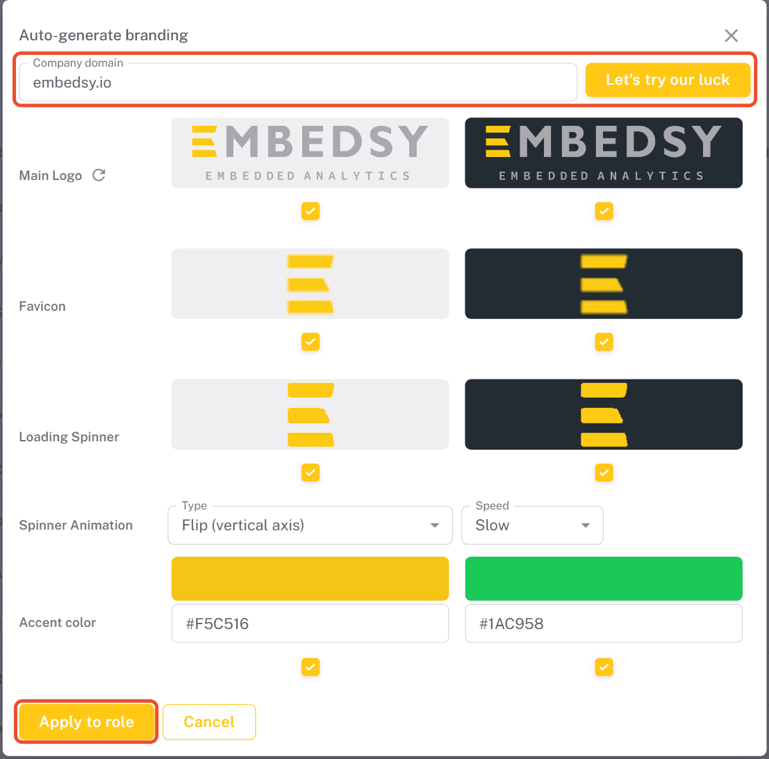 Auto-generate branding dialog with generated logos, favicons, loading spinner and accent colors