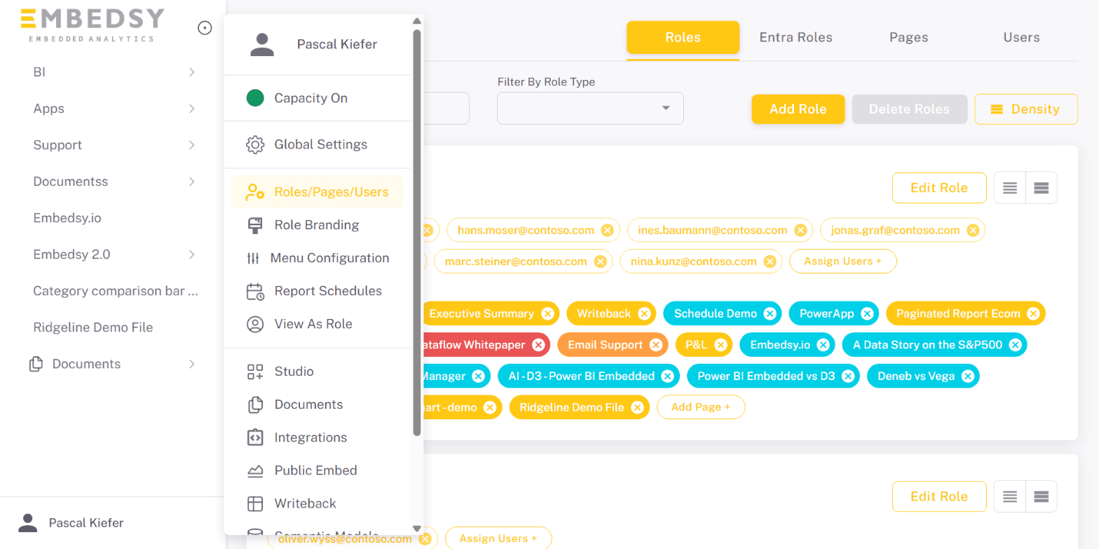 Roles/Pages/Users in the Embedsy Portal user menu
