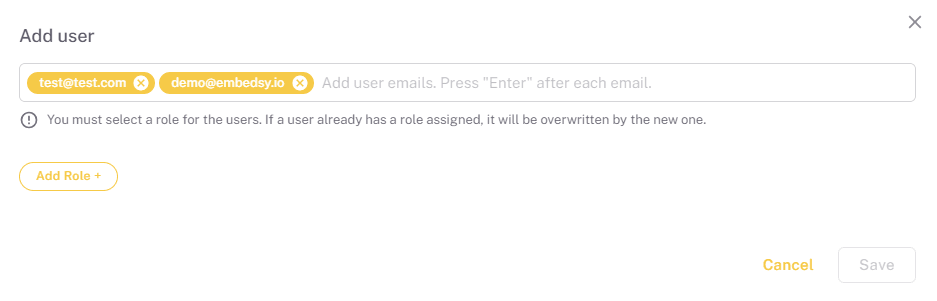 Add user dialog with two email addresses and the Add Role button