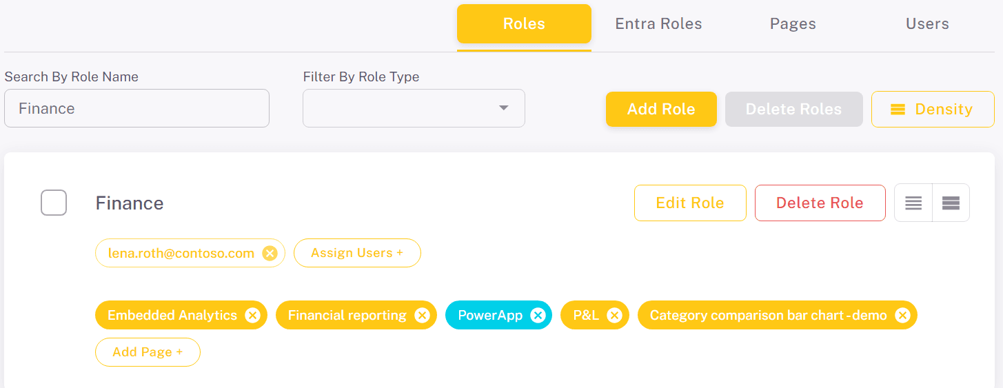 Role card with its users, its pages and the Edit Role and Delete Role buttons