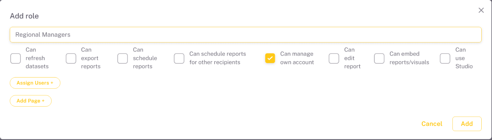 Add role dialog with the role name, the permission checkboxes and the Assign Users and Add Page buttons