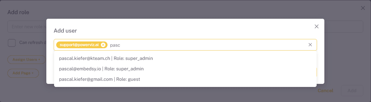 Add user dialog listing matching users with their current roles