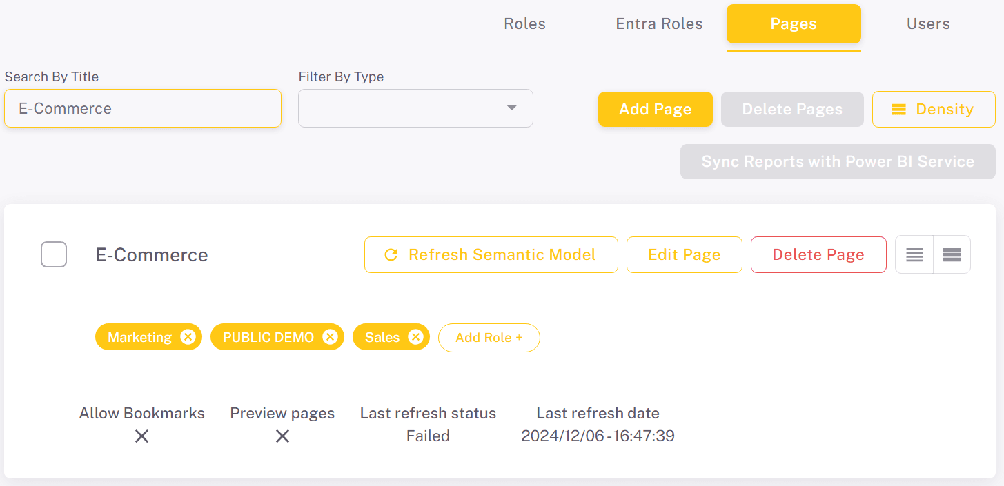 Pages tab with the search, type filter, Add Page and Sync Reports with Power BI Service buttons