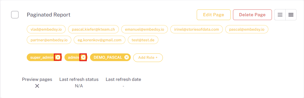 Page card with the ✕ on the super_admin and admin role chips highlighted
