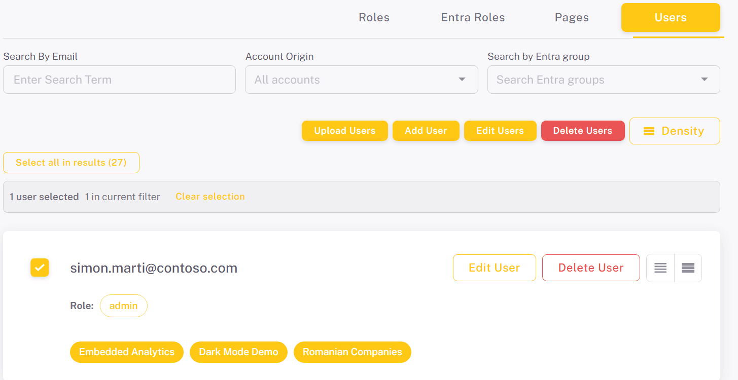 Users tab with its search and filters, one user selected and the Edit Users button active