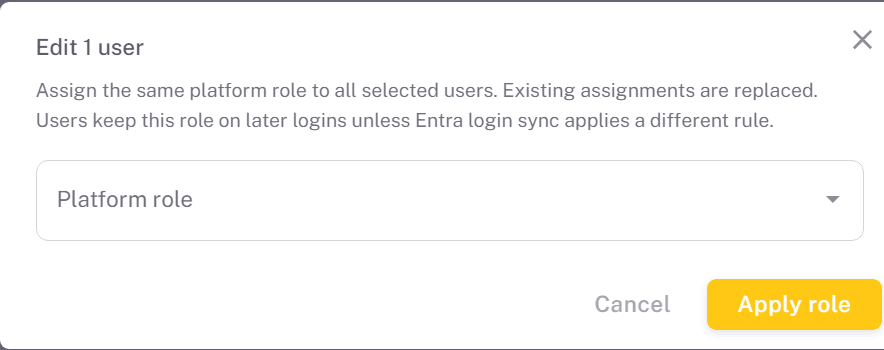 Edit users dialog with the Platform role picker and the Apply role button