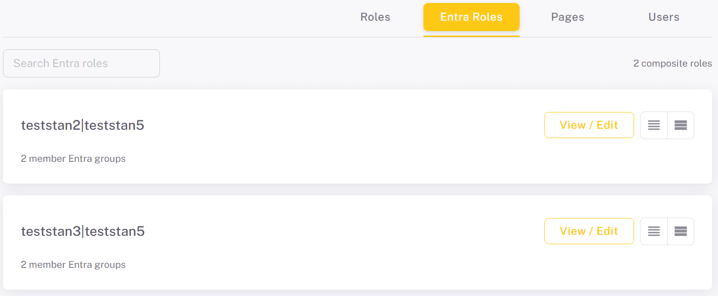 Entra Roles tab listing two combined roles, each with its number of member Entra groups and a View / Edit button