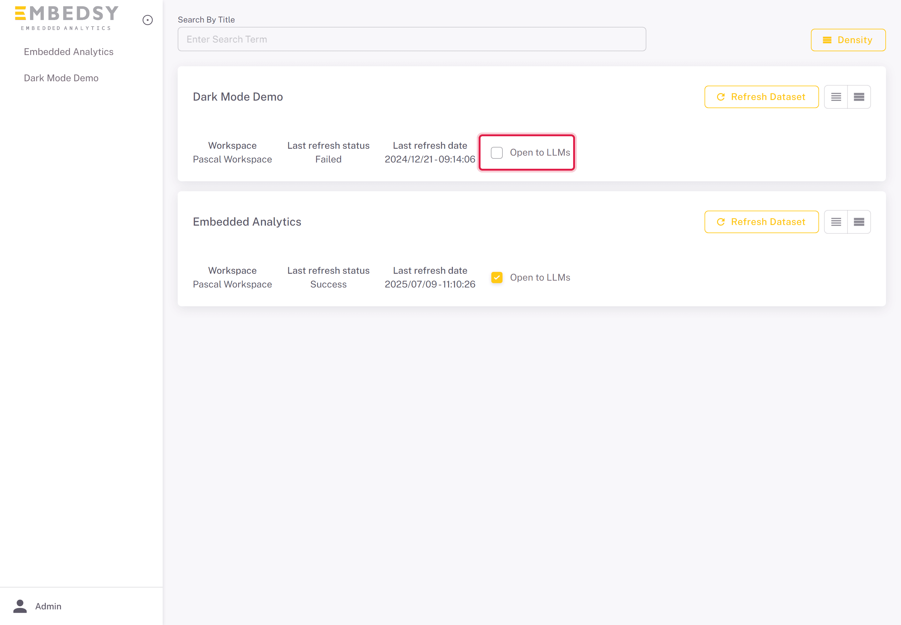 The Open to LLMs checkbox on a semantic model card