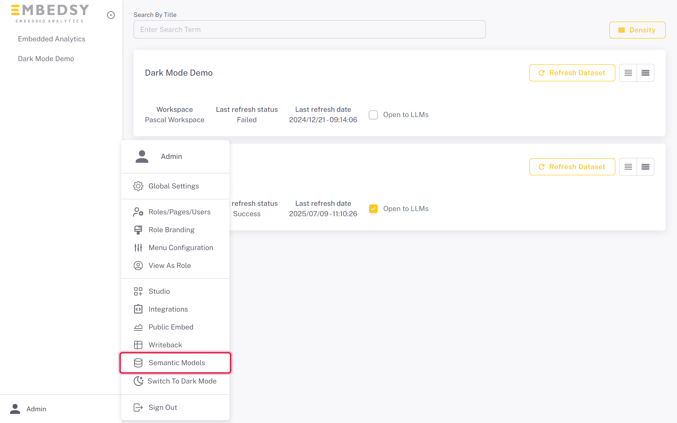 Semantic Models highlighted in the portal user menu