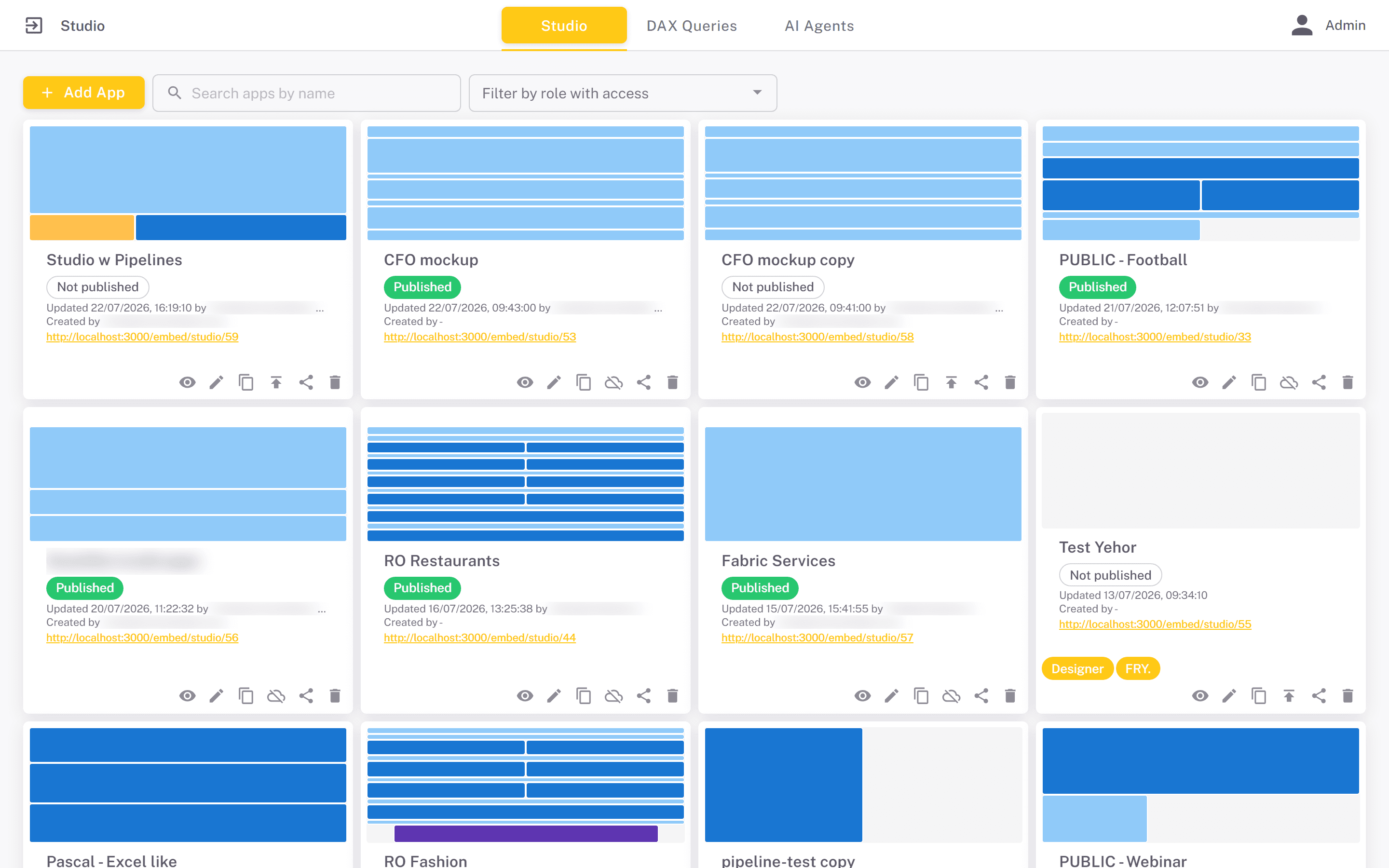 The Studio app list with status chips and per-app actions