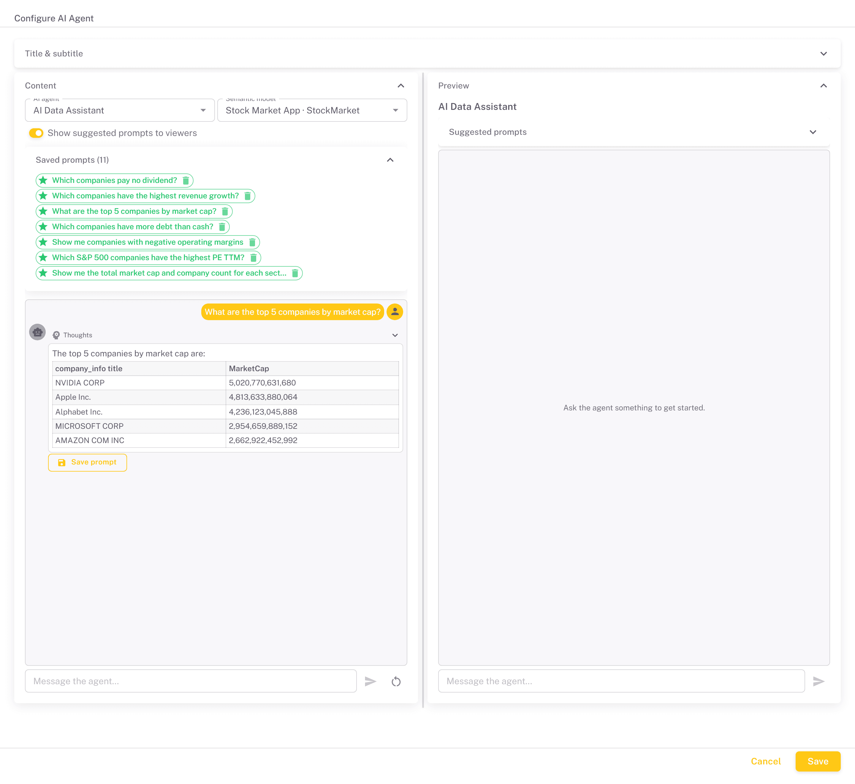 AI Agent configuration answering a question with a live data table, suggested prompts above