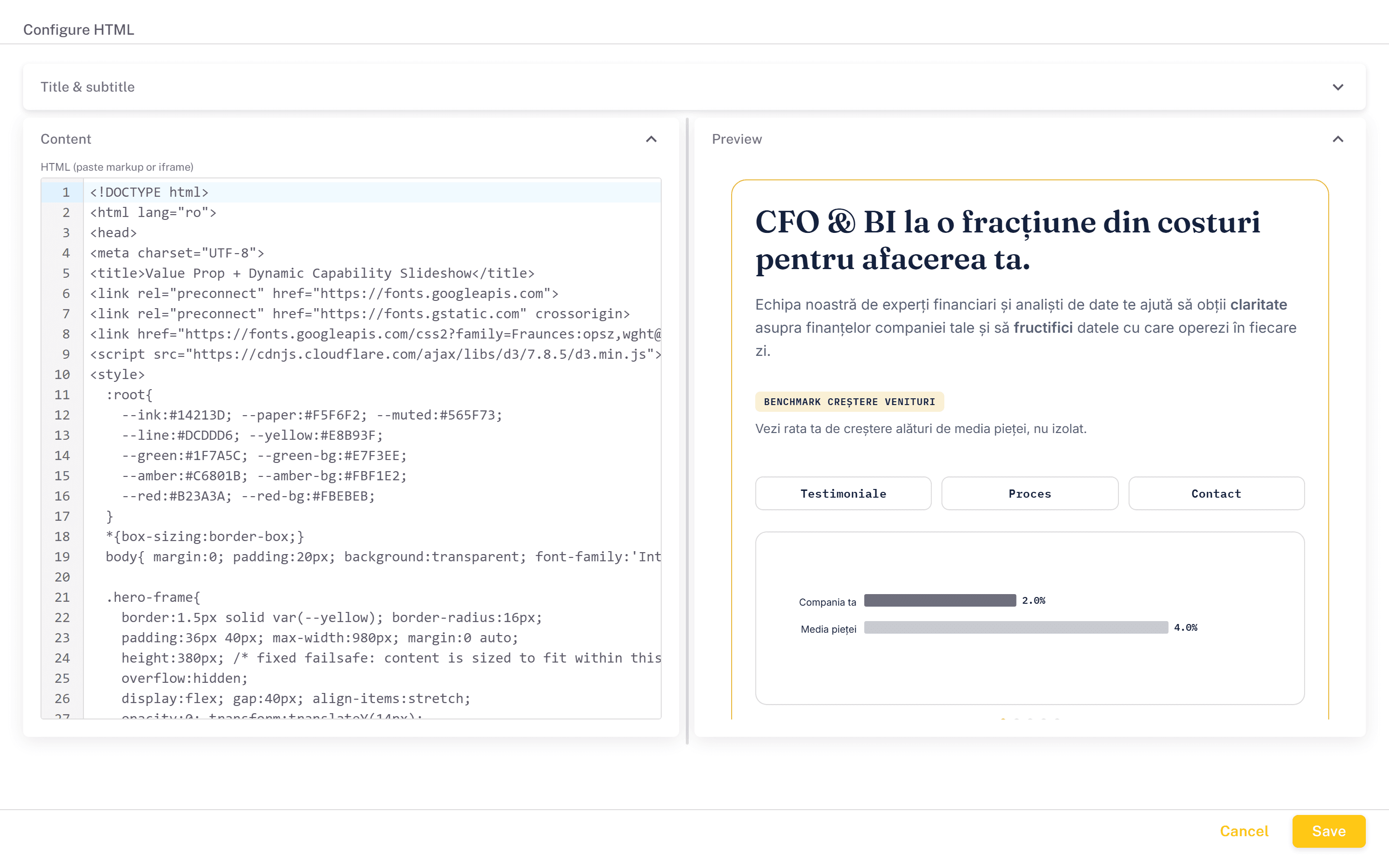 Component configuration dialog with settings on the left and a live preview on the right