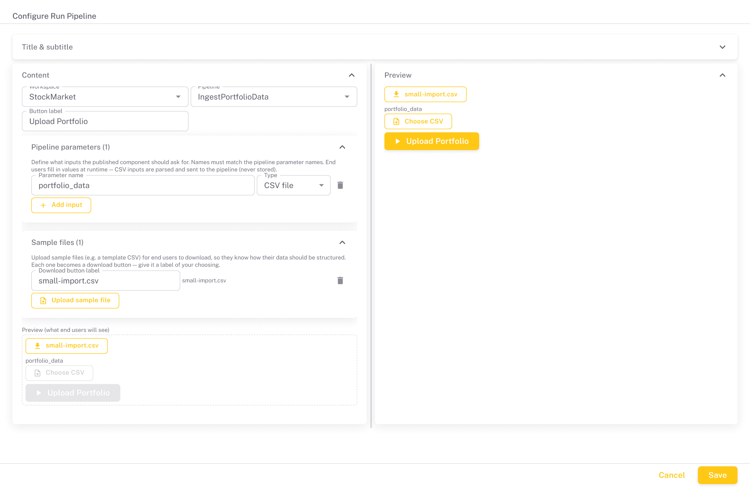 Run Pipeline configuration with workspace, pipeline, a CSV parameter, sample file and end-user preview