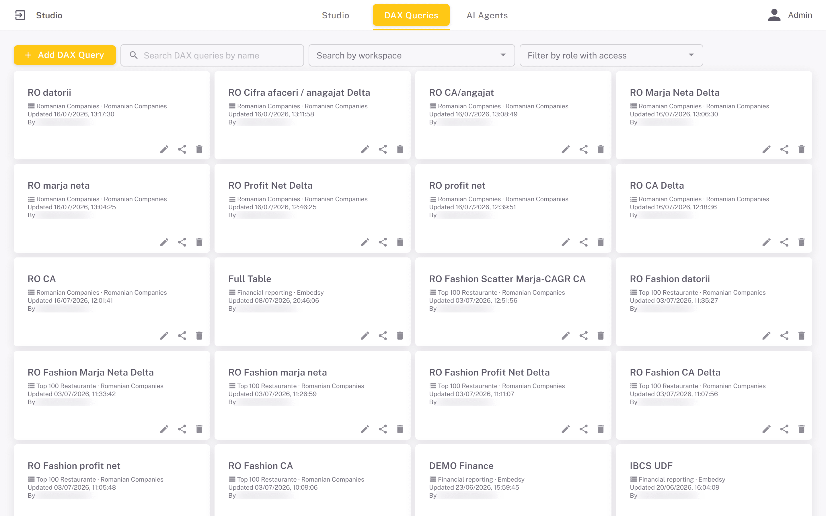 The DAX Queries tab listing saved queries with their semantic model