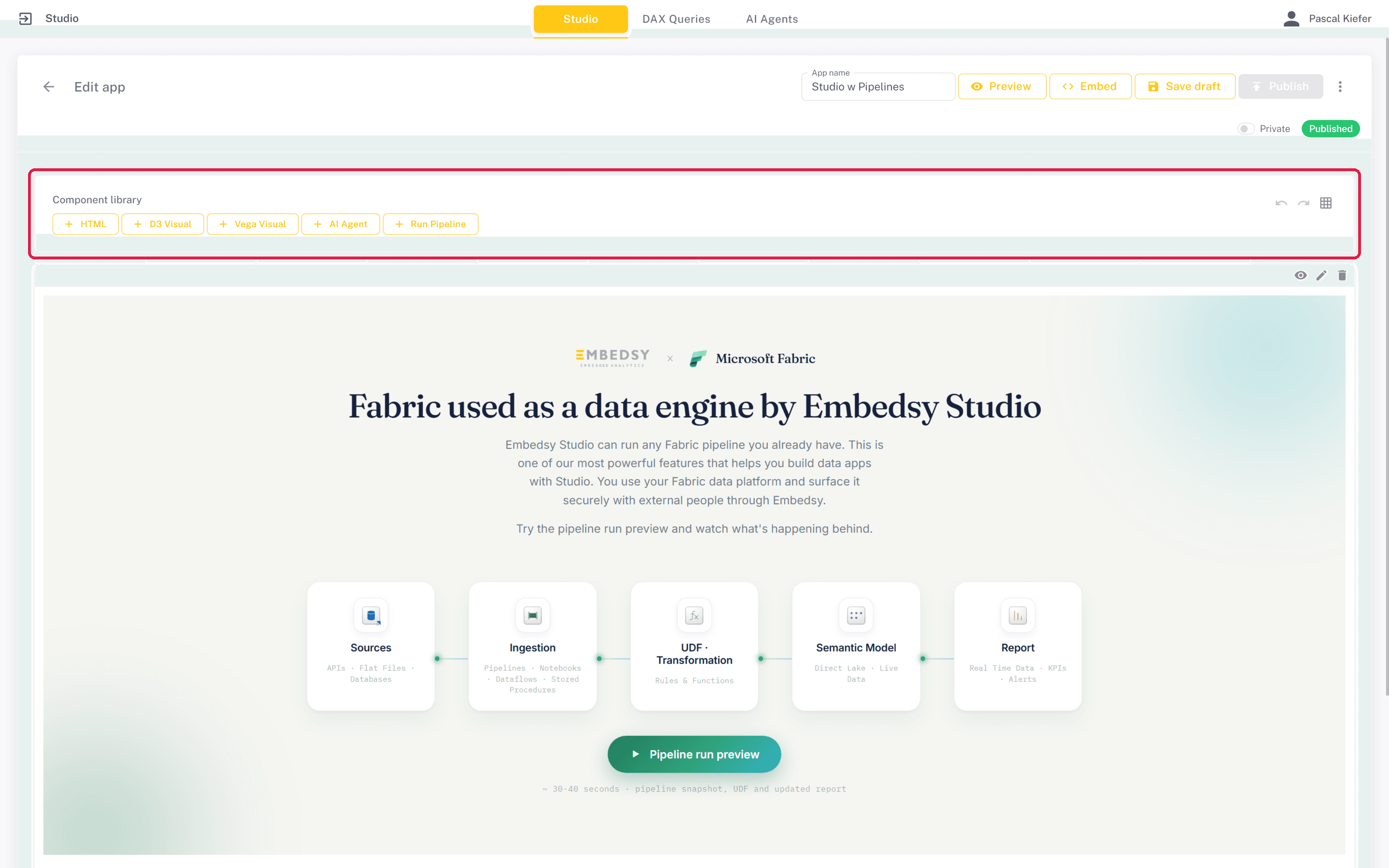 The Studio app editor with the component library above the canvas
