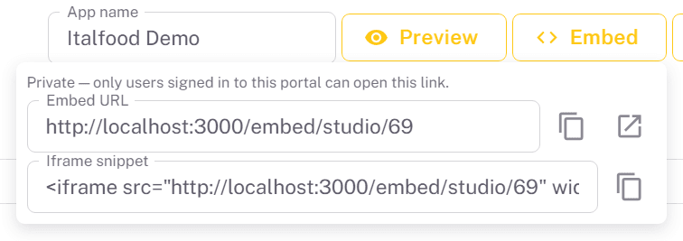 The Embed panel of a private app, stating that only users signed in to the portal can open the link