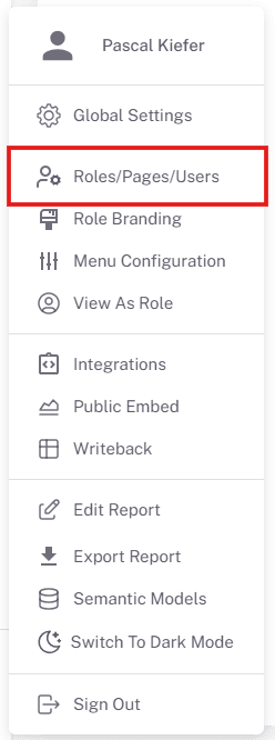 Roles/Pages/Users in the Embedsy Portal user menu