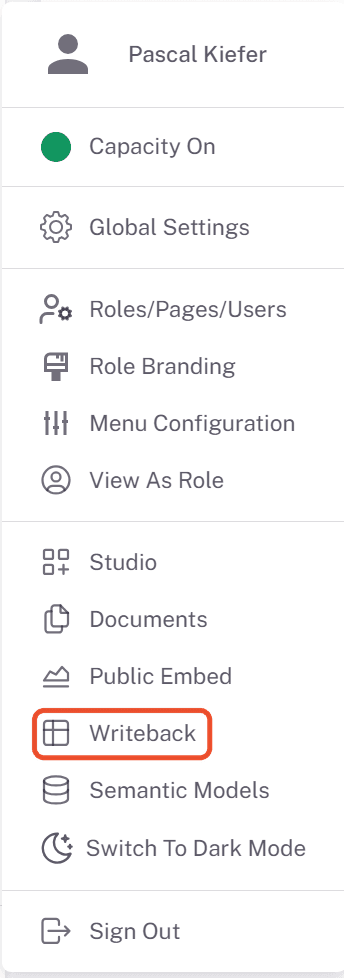 Writeback entry in the Embedsy Portal user menu