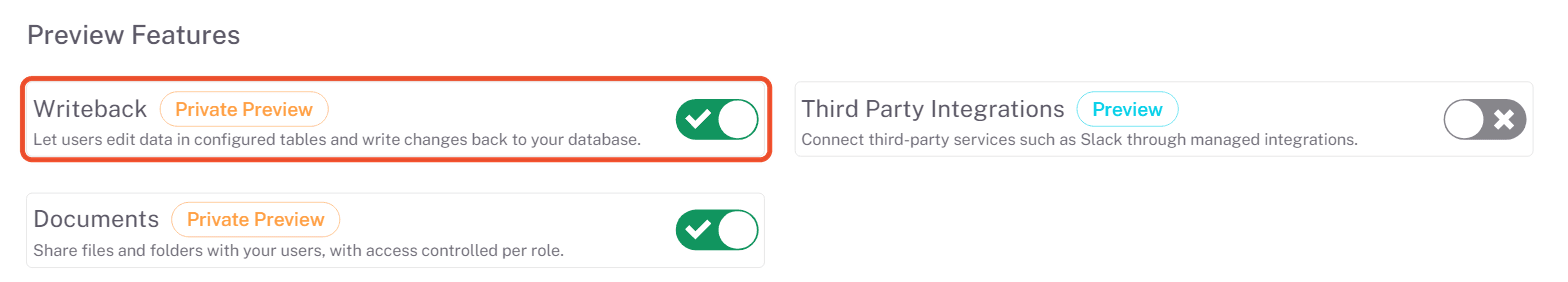 Writeback switched on under Preview Features in Global Settings