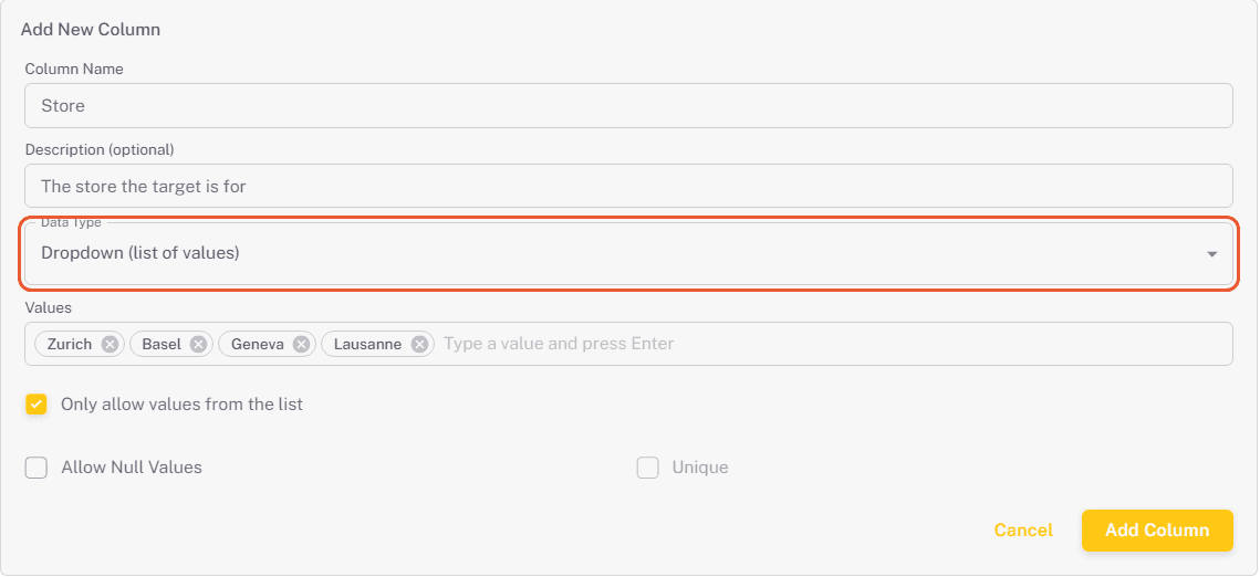 Add New Column form for a dropdown column with a description, a list of values, Allow Null Values and Unique