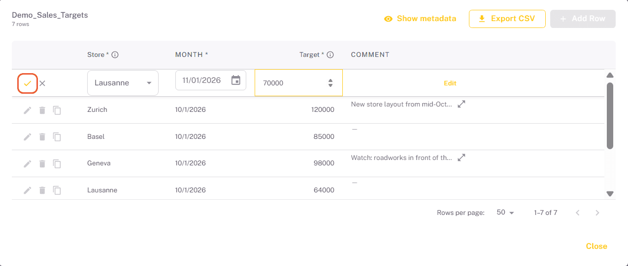 A new row open in the data grid, with values entered and the tick that saves it