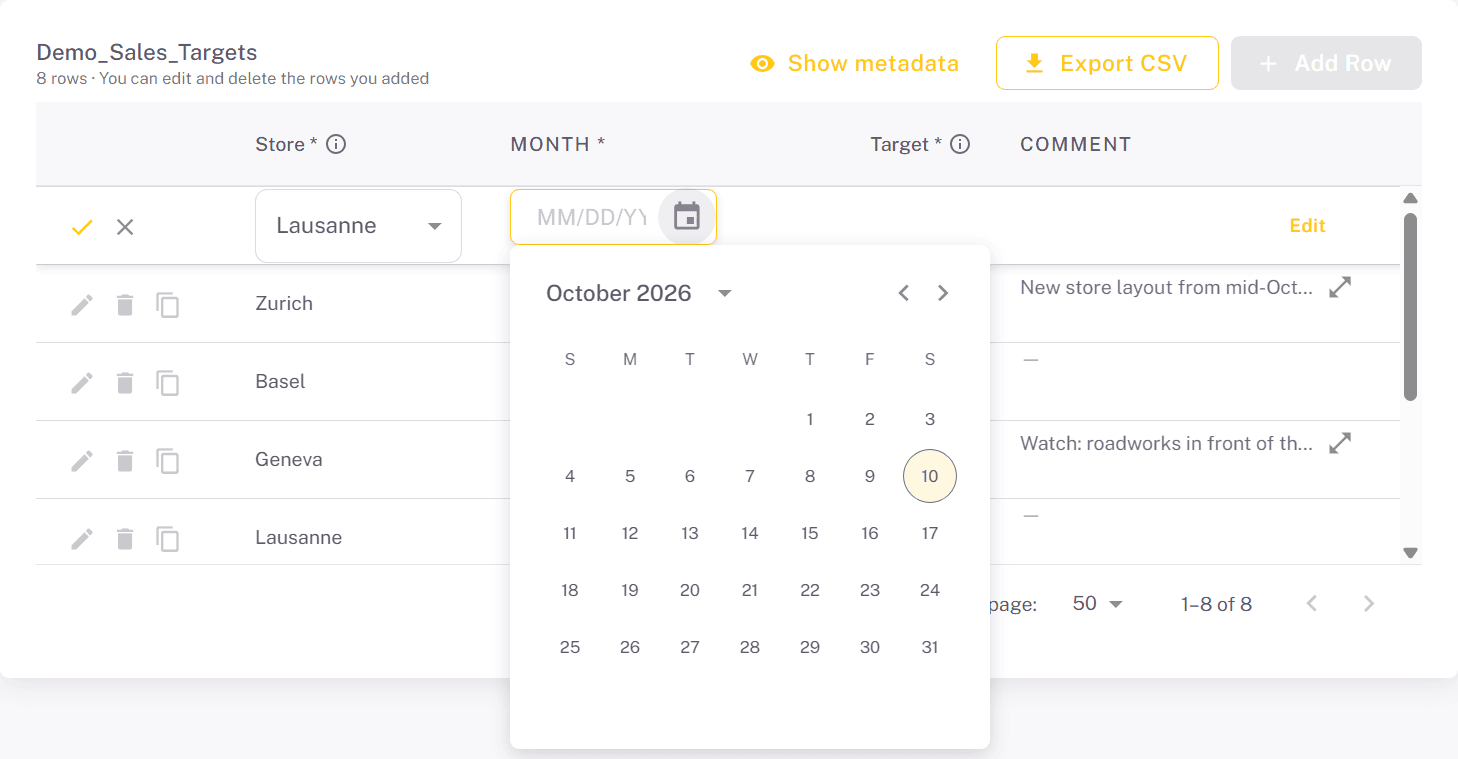 The Month cell of a new row with its calendar open