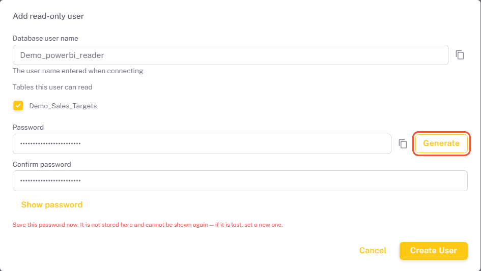 Add read-only user form with a user name, one table checked and a generated password