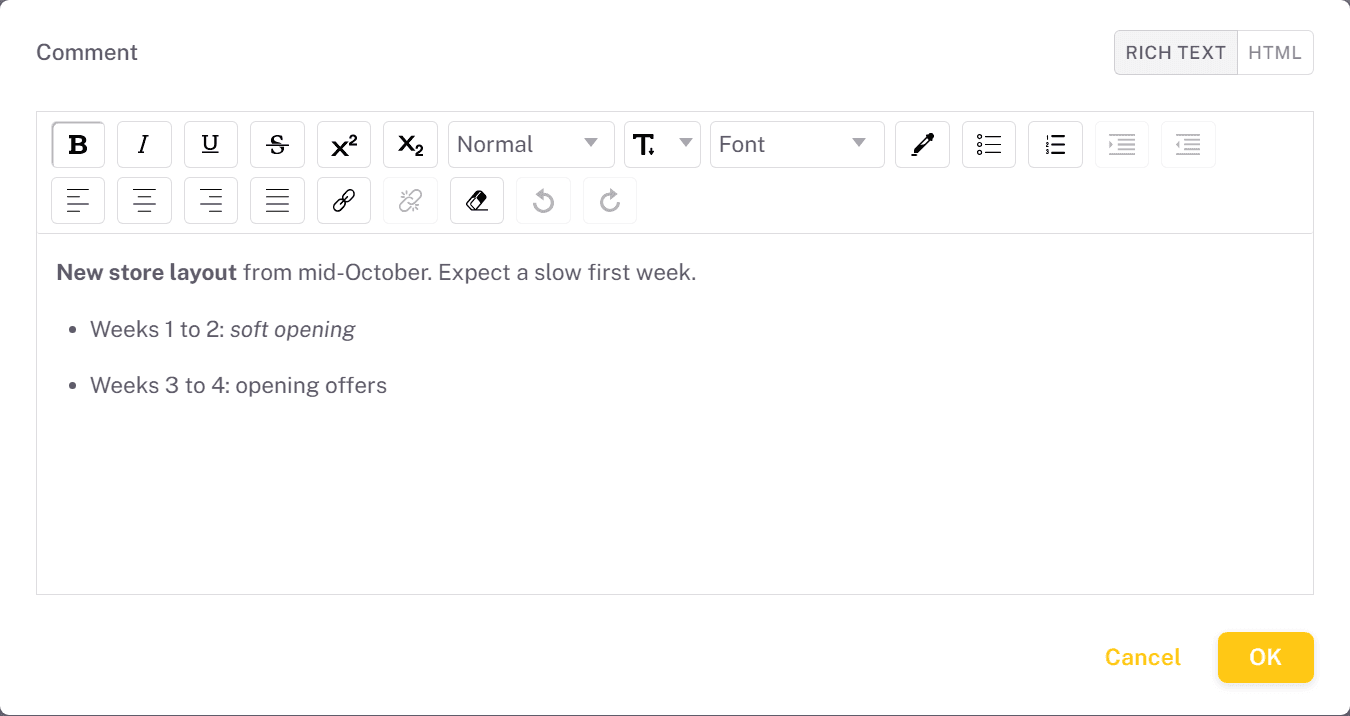 Rich text editor with a bold phrase and a bulleted list