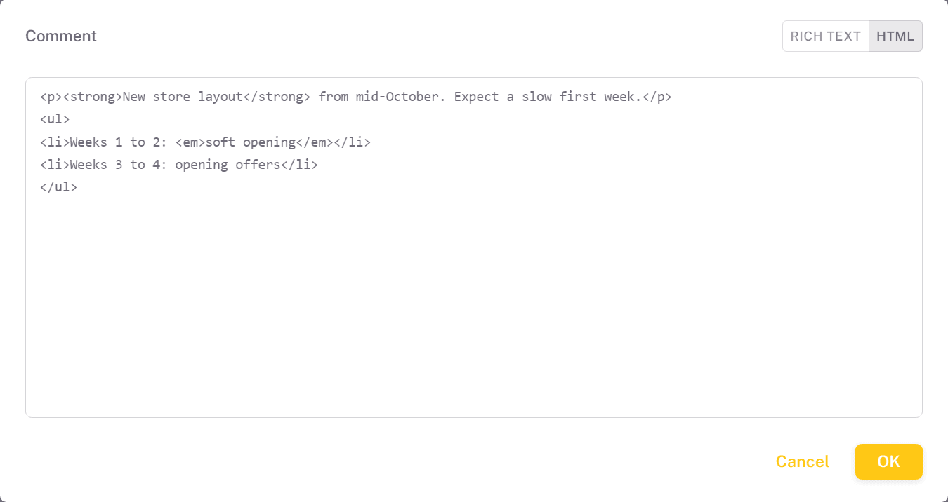The same comment in the editor's HTML view