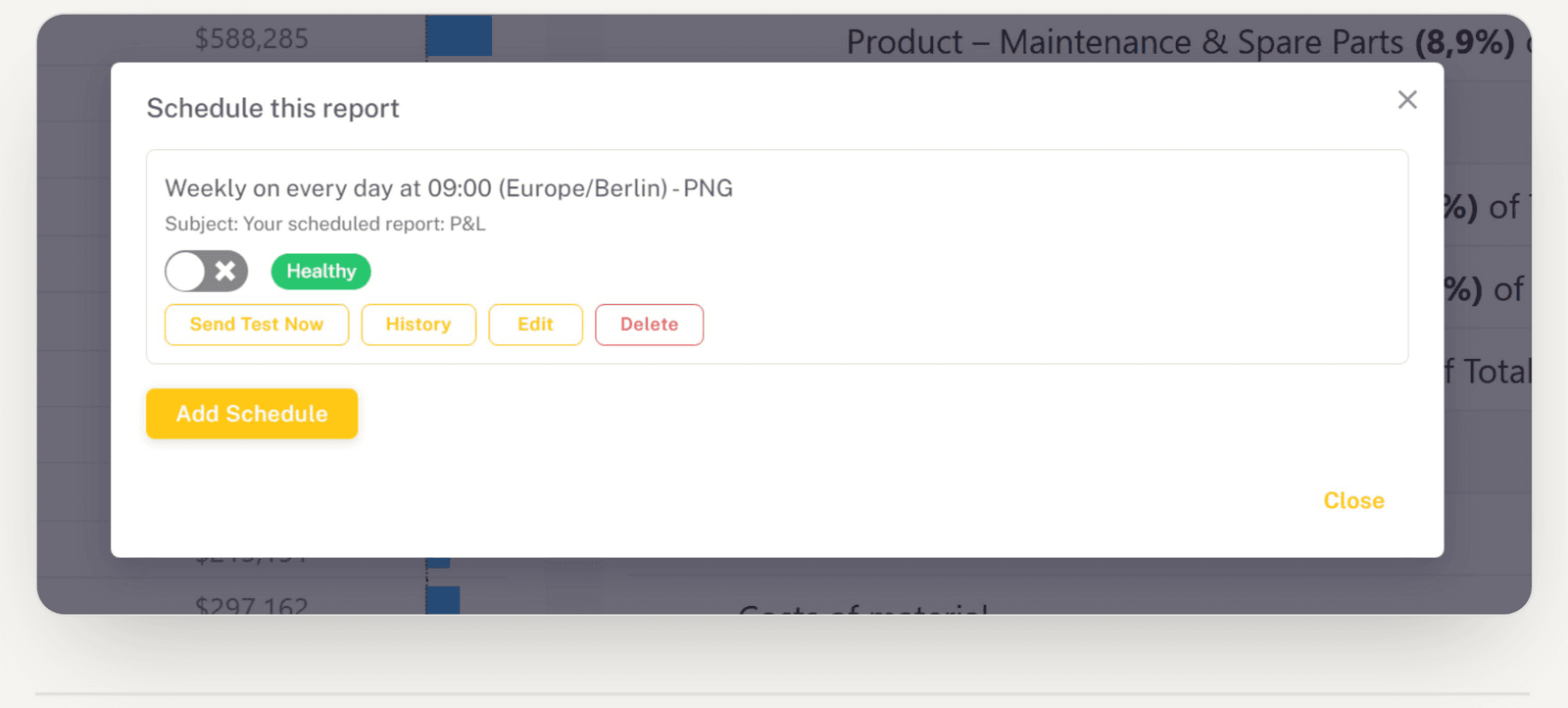 The Schedule this report dialog in the Embedsy Portal, showing a weekly PNG schedule with Send Test Now, History, Edit and Delete buttons