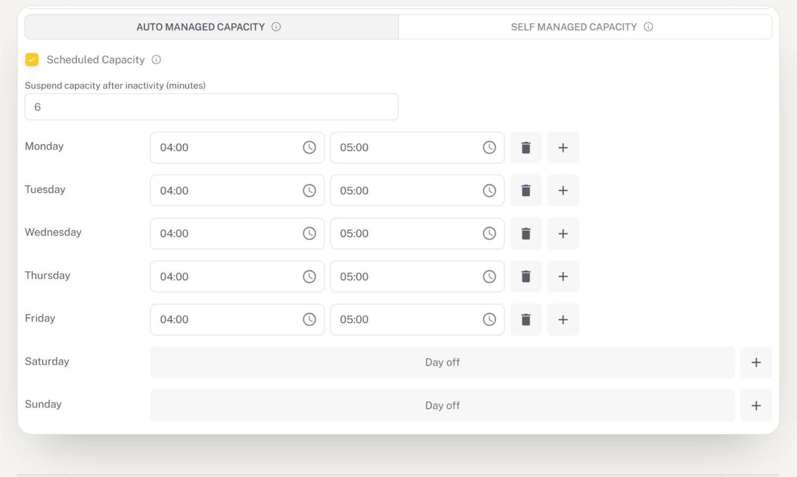 The capacity settings with Auto Managed and Self Managed tabs, an inactivity timeout in minutes, and a start and end time for each weekday