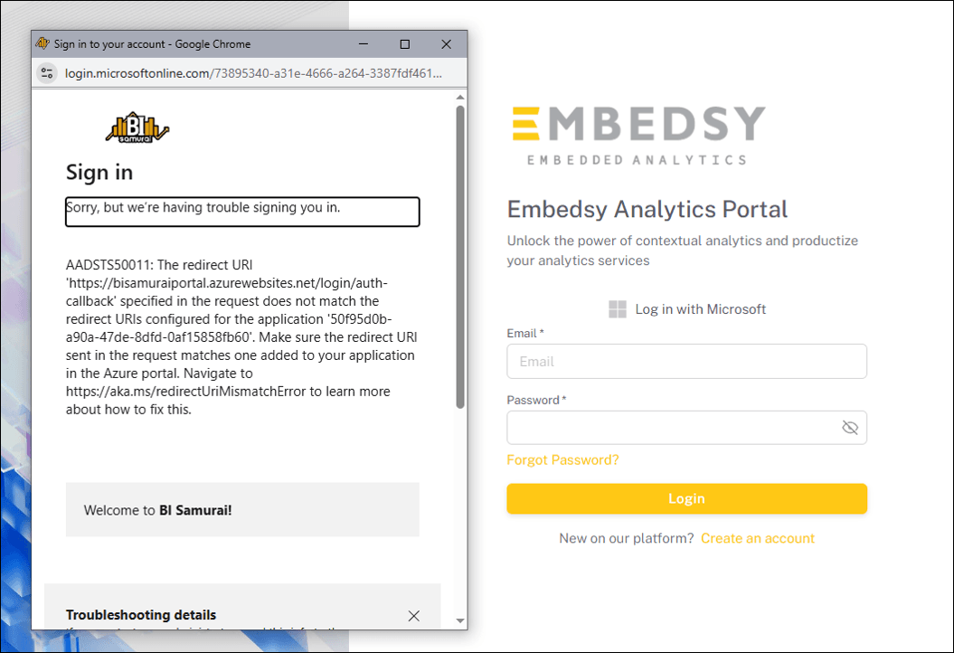 Power BI Embedded - The redirect URI does not match.