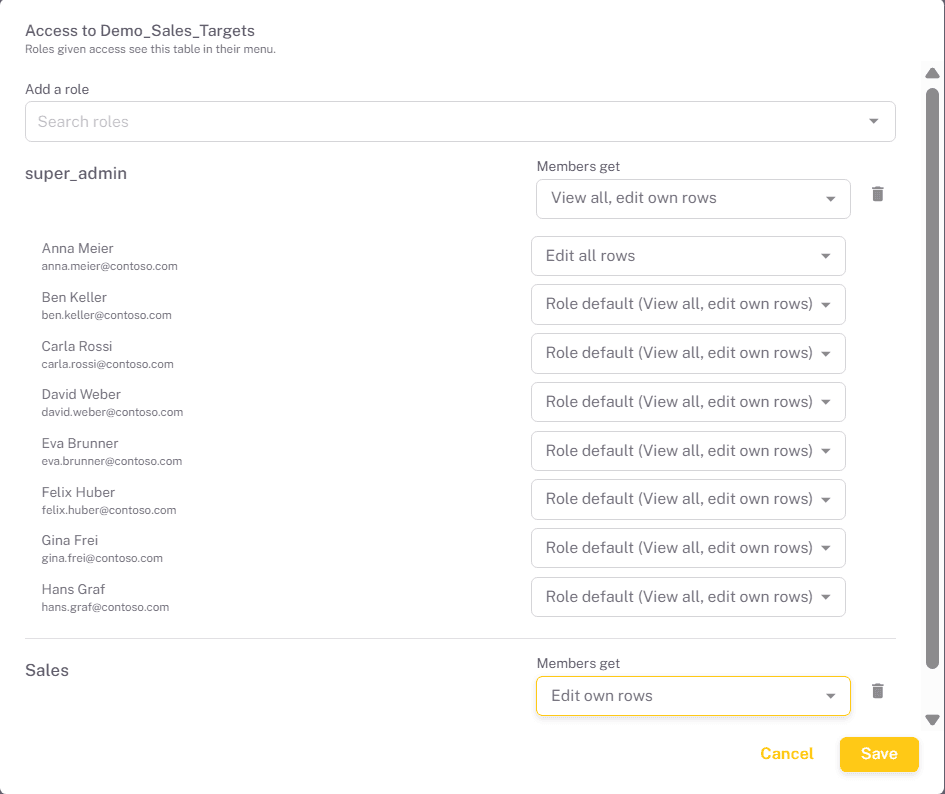 The access dialog of a table, shared with two roles, with one person given their own level