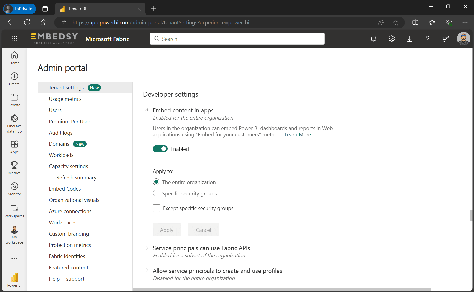 Enable the Embed content in apps setting
