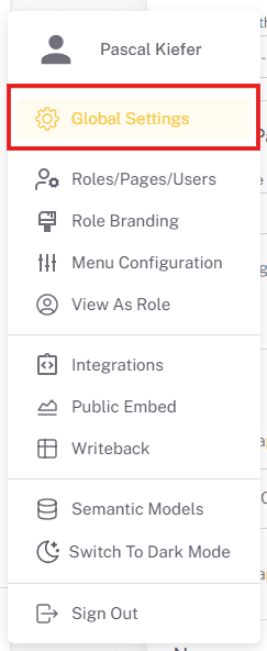 Global Settings in the Embedsy Portal user menu