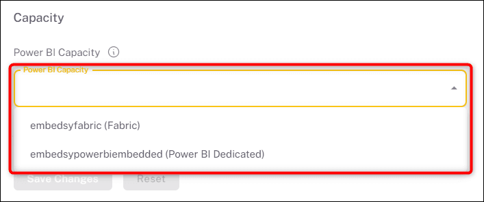 Power BI Capacity drop-down listing a Fabric and a Power BI Dedicated capacity