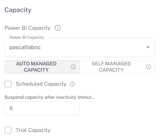 Auto Managed Capacity selected, with the Suspend capacity after inactivity field and Trial Capacity