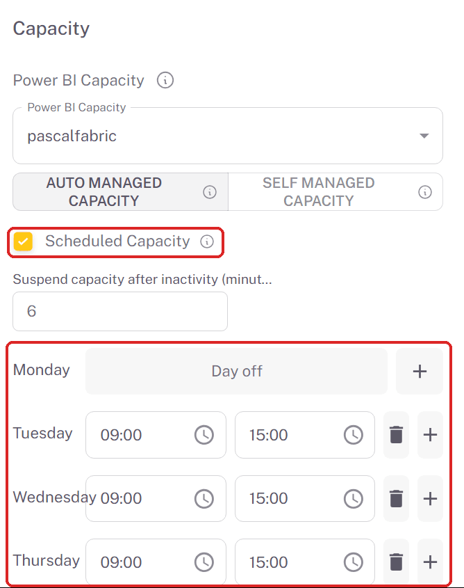 Scheduled Capacity switched on, with a start and end time for each day and Monday set as a day off