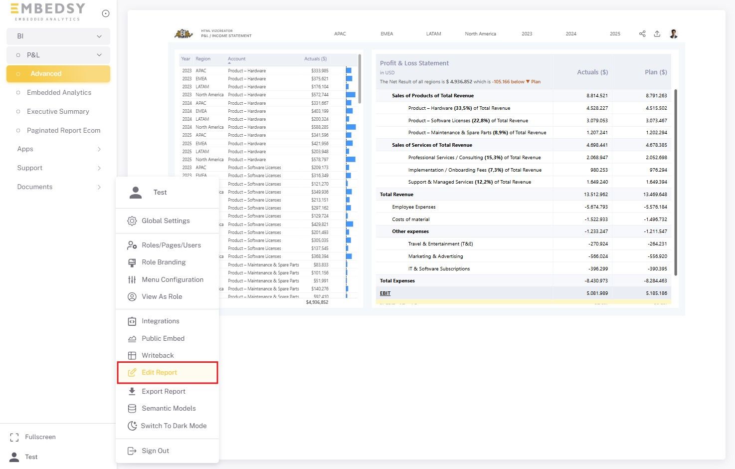 Edit Report in the Embedsy Portal user menu
