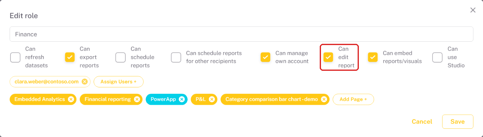 Can edit report permission in the Edit role dialog